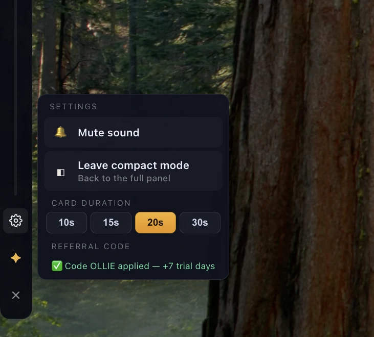 The Overnewz settings menu with a referral code applied, reading: Code OLLIE applied — plus 7 trial days