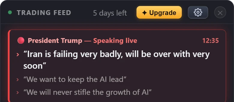 A red live card: President Trump — Speaking live, with his latest lines newest first.